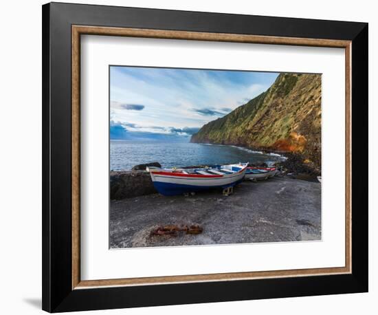 Some boats on a pier below a cliff in Sao Miguel Island in the Azores, Portugal, Atlantic, Europe-Francesco Fanti-Framed Photographic Print