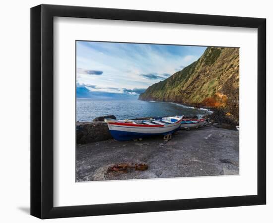 Some boats on a pier below a cliff in Sao Miguel Island in the Azores, Portugal, Atlantic, Europe-Francesco Fanti-Framed Photographic Print