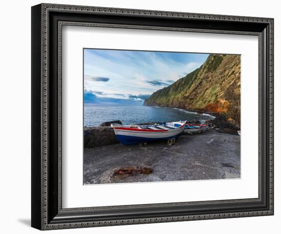 Some boats on a pier below a cliff in Sao Miguel Island in the Azores, Portugal, Atlantic, Europe-Francesco Fanti-Framed Photographic Print