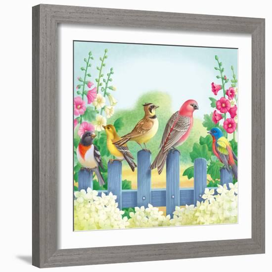 Songbirds on Fence-Olga Kovaleva-Framed Giclee Print