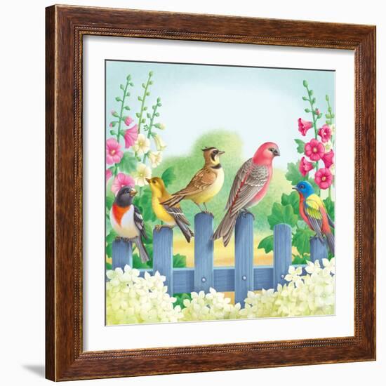 Songbirds on Fence-Olga Kovaleva-Framed Giclee Print