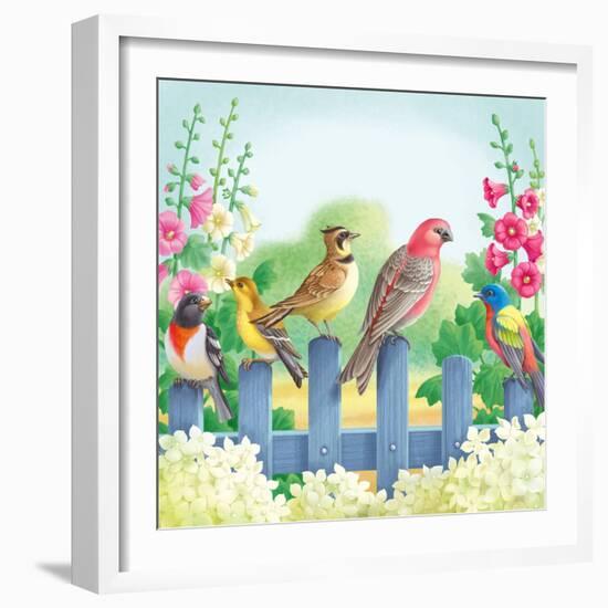 Songbirds on Fence-Olga Kovaleva-Framed Giclee Print