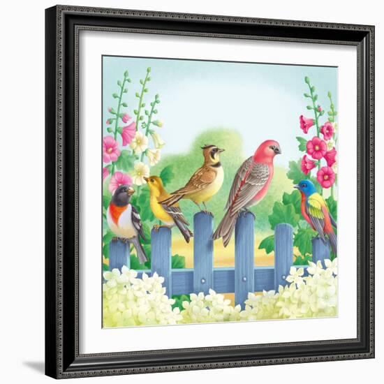 Songbirds on Fence-Olga Kovaleva-Framed Giclee Print