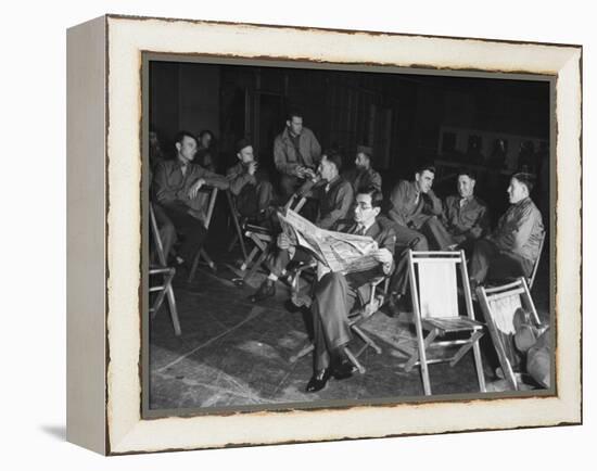 Songwriter Irving Berlin Reading Newspaper as Others Sit around Talking-null-Framed Premier Image Canvas