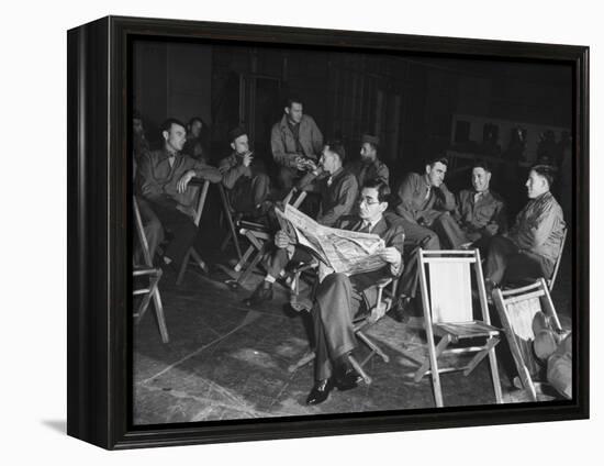 Songwriter Irving Berlin Reading Newspaper as Others Sit around Talking-null-Framed Premier Image Canvas