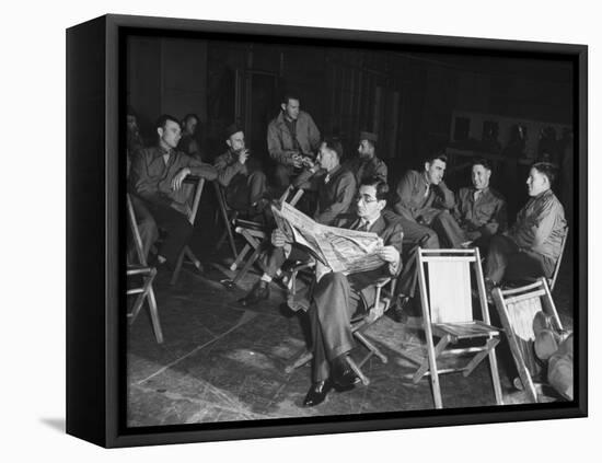 Songwriter Irving Berlin Reading Newspaper as Others Sit around Talking-null-Framed Premier Image Canvas