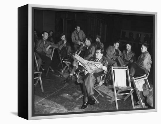 Songwriter Irving Berlin Reading Newspaper as Others Sit around Talking-null-Framed Premier Image Canvas