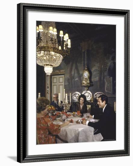 Sophia Loren Entertaining Vittorio de Sica, His Wife and Marcello Mastroianni in Formal Dining Room-Alfred Eisenstaedt-Framed Premium Photographic Print