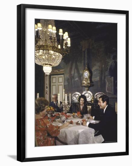 Sophia Loren Entertaining Vittorio de Sica, His Wife and Marcello Mastroianni in Formal Dining Room-Alfred Eisenstaedt-Framed Premium Photographic Print