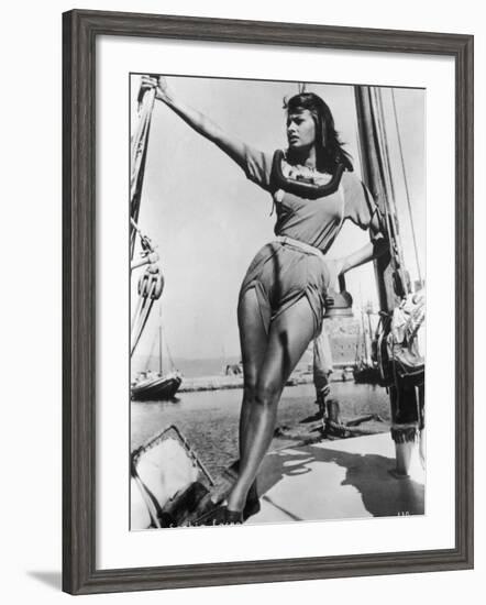 Sophia Loren Italian Film Actress, Seen Here in Amazonian Pose on Board a Ship-null-Framed Photographic Print