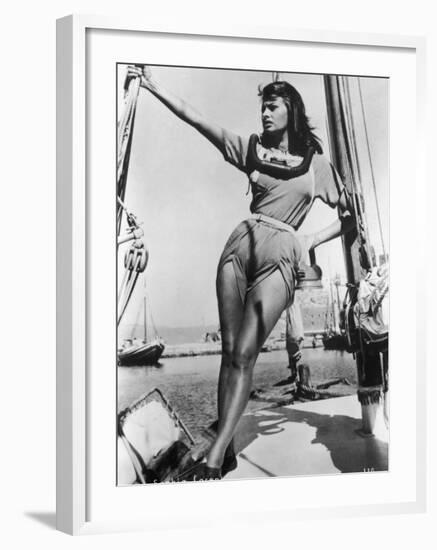 Sophia Loren Italian Film Actress, Seen Here in Amazonian Pose on Board a Ship-null-Framed Photographic Print