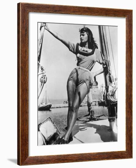 Sophia Loren Italian Film Actress, Seen Here in Amazonian Pose on Board a Ship-null-Framed Photographic Print