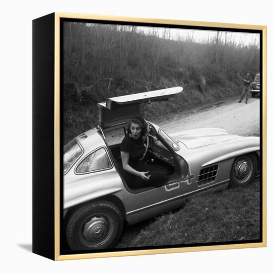 Sophia Loren Sitting Into Her Mercedes at Third Cinema Rally-null-Framed Premier Image Canvas