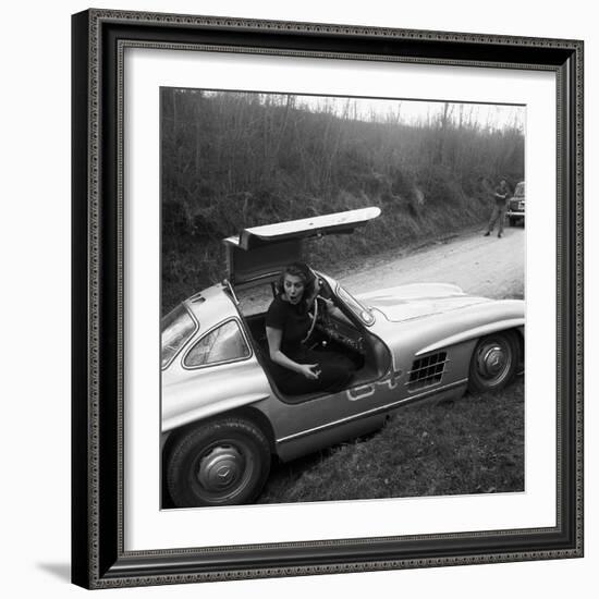 Sophia Loren Sitting Into Her Mercedes at Third Cinema Rally-null-Framed Photographic Print