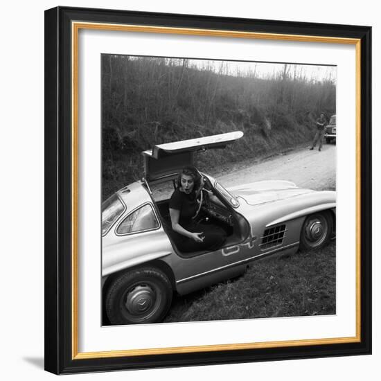 Sophia Loren Sitting Into Her Mercedes at Third Cinema Rally-null-Framed Photographic Print