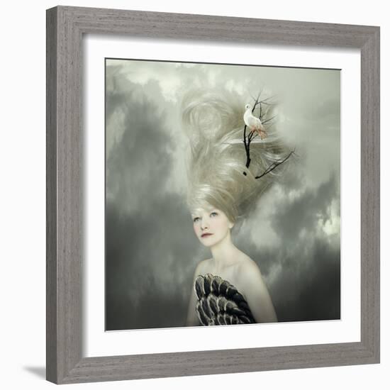 Sophisticated and Artistic Portrait of a Beautiful Female Model with a White Dove on a Branch in Th-Valentina Photos-Framed Photographic Print