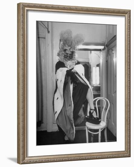 Soprano Patrice Munsel Costumed as Notary for Cosi Fan Tutte, Pulling onGloves in Dressing Room-Peter Stackpole-Framed Premium Photographic Print