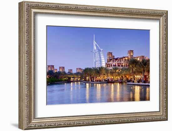 Souk Madinat Jumeirah with Burj Al Arab Hotel on Jumeirah Beach in Dubai-null-Framed Art Print