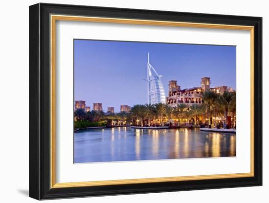 Souk Madinat Jumeirah with Burj Al Arab Hotel on Jumeirah Beach in Dubai-null-Framed Art Print