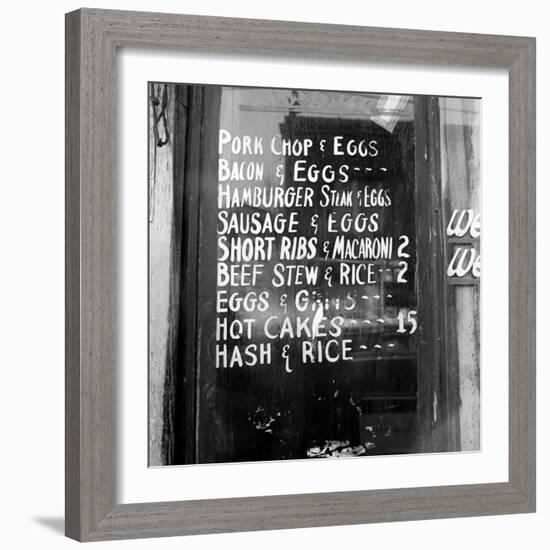 Soul Food; Menu in the Window of a Restaurant, Detroit, Michigan, 1940-null-Framed Photo