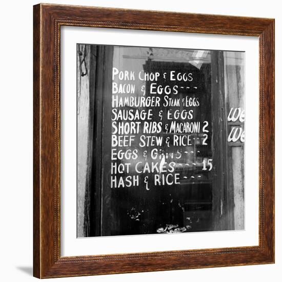 Soul Food; Menu in the Window of a Restaurant, Detroit, Michigan, 1940-null-Framed Photo
