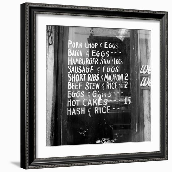 Soul Food; Menu in the Window of a Restaurant, Detroit, Michigan, 1940-null-Framed Photo