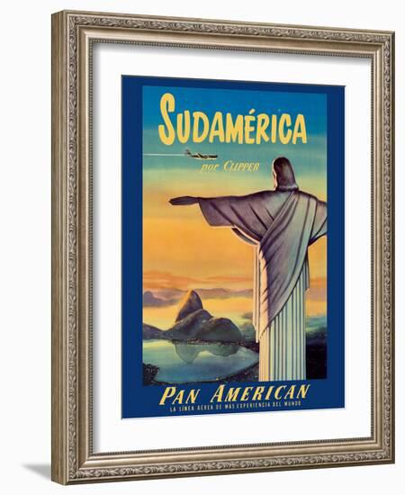 South America by Pan American Clipper - Christ the Redeemer - Vintage Airline Travel Poster-Pacifica Island Art-Framed Art Print