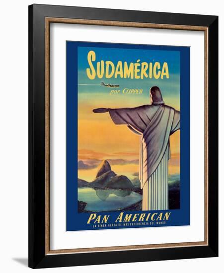 South America by Pan American Clipper - Christ the Redeemer - Vintage Airline Travel Poster-Pacifica Island Art-Framed Art Print