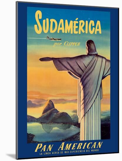 South America by Pan American Clipper - Christ the Redeemer - Vintage Airline Travel Poster-Pacifica Island Art-Mounted Art Print