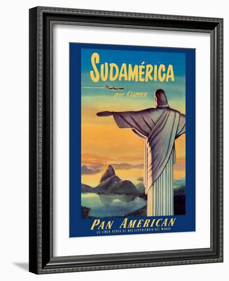 South America by Pan American Clipper - Christ the Redeemer - Vintage Airline Travel Poster-Pacifica Island Art-Framed Art Print