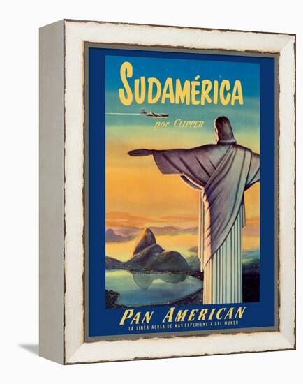 South America by Pan American Clipper - Christ the Redeemer - Vintage Airline Travel Poster-Pacifica Island Art-Framed Stretched Canvas