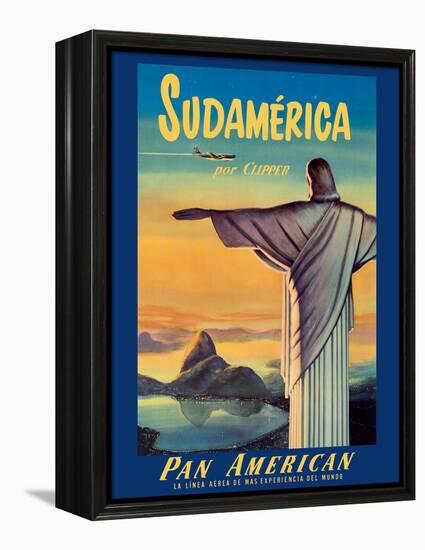 South America by Pan American Clipper - Christ the Redeemer - Vintage Airline Travel Poster-Pacifica Island Art-Framed Stretched Canvas