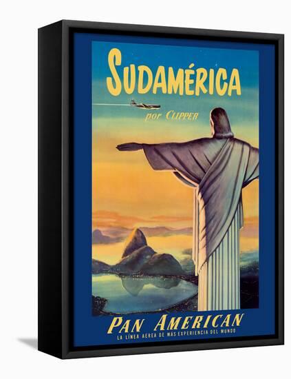 South America by Pan American Clipper - Christ the Redeemer - Vintage Airline Travel Poster-Pacifica Island Art-Framed Stretched Canvas