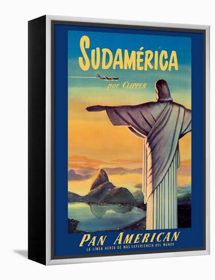 South America by Pan American Clipper - Christ the Redeemer - Vintage Airline Travel Poster-Pacifica Island Art-Framed Stretched Canvas