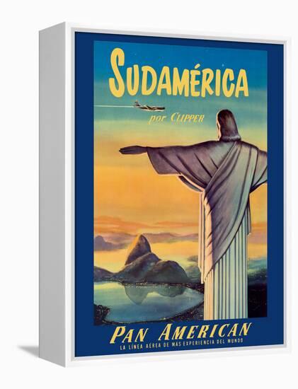 South America by Pan American Clipper - Christ the Redeemer - Vintage Airline Travel Poster-Pacifica Island Art-Framed Stretched Canvas