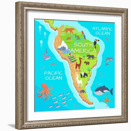 South America Mainland Cartoon Map with Fauna Species. Cute American Animals Flat Vector. Amazonian-robuart-Framed Art Print