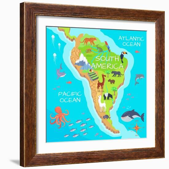 South America Mainland Cartoon Map with Fauna Species. Cute American Animals Flat Vector. Amazonian-robuart-Framed Art Print