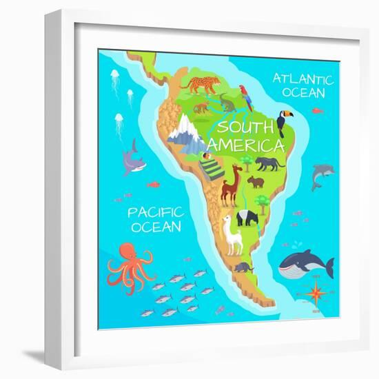 South America Mainland Cartoon Map with Fauna Species. Cute American Animals Flat Vector. Amazonian-robuart-Framed Art Print