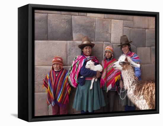 South America, Peru, Cusco. Quechua People in Front of An Inca Wall, Holding a Lamb and a Llama-Alex Robinson-Framed Premier Image Canvas