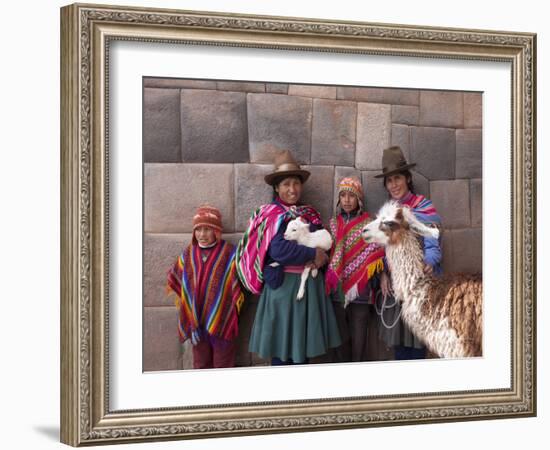 South America, Peru, Cusco. Quechua People in Front of An Inca Wall, Holding a Lamb and a Llama-Alex Robinson-Framed Photographic Print