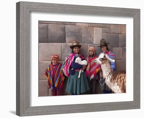 South America, Peru, Cusco. Quechua People in Front of An Inca Wall, Holding a Lamb and a Llama-Alex Robinson-Framed Photographic Print