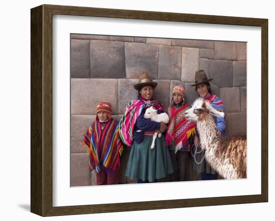 South America, Peru, Cusco. Quechua People in Front of An Inca Wall, Holding a Lamb and a Llama-Alex Robinson-Framed Photographic Print