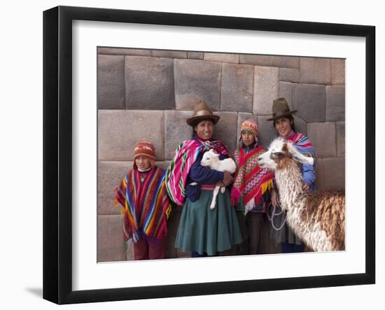 South America, Peru, Cusco. Quechua People in Front of An Inca Wall, Holding a Lamb and a Llama-Alex Robinson-Framed Photographic Print