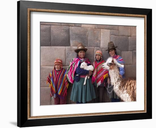 South America, Peru, Cusco. Quechua People in Front of An Inca Wall, Holding a Lamb and a Llama-Alex Robinson-Framed Photographic Print