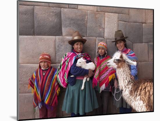 South America, Peru, Cusco. Quechua People in Front of An Inca Wall, Holding a Lamb and a Llama-Alex Robinson-Mounted Photographic Print