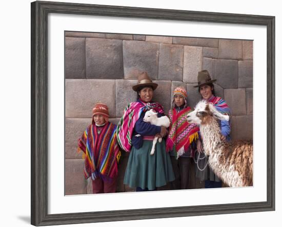 South America, Peru, Cusco. Quechua People in Front of An Inca Wall, Holding a Lamb and a Llama-Alex Robinson-Framed Photographic Print