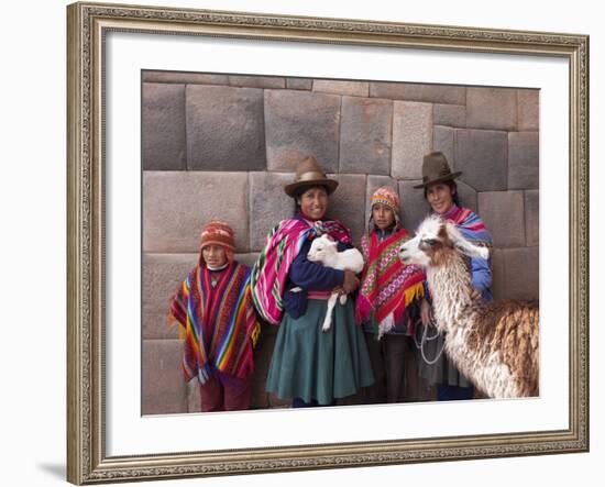 South America, Peru, Cusco. Quechua People in Front of An Inca Wall, Holding a Lamb and a Llama-Alex Robinson-Framed Photographic Print