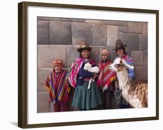 South America, Peru, Cusco. Quechua People in Front of An Inca Wall, Holding a Lamb and a Llama-Alex Robinson-Framed Photographic Print