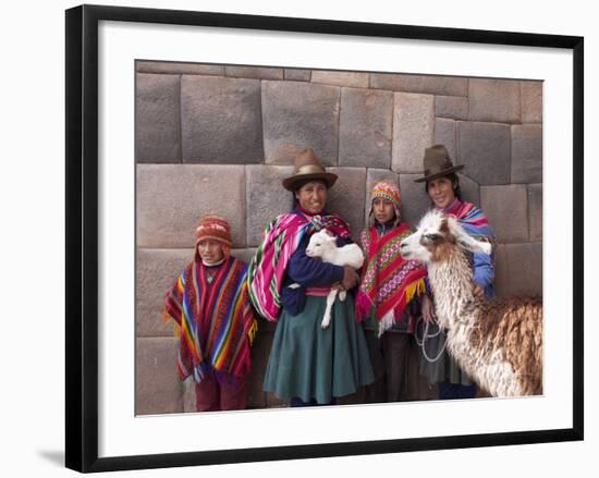 South America, Peru, Cusco. Quechua People in Front of An Inca Wall, Holding a Lamb and a Llama-Alex Robinson-Framed Photographic Print