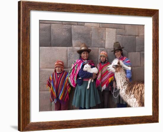 South America, Peru, Cusco. Quechua People in Front of An Inca Wall, Holding a Lamb and a Llama-Alex Robinson-Framed Photographic Print